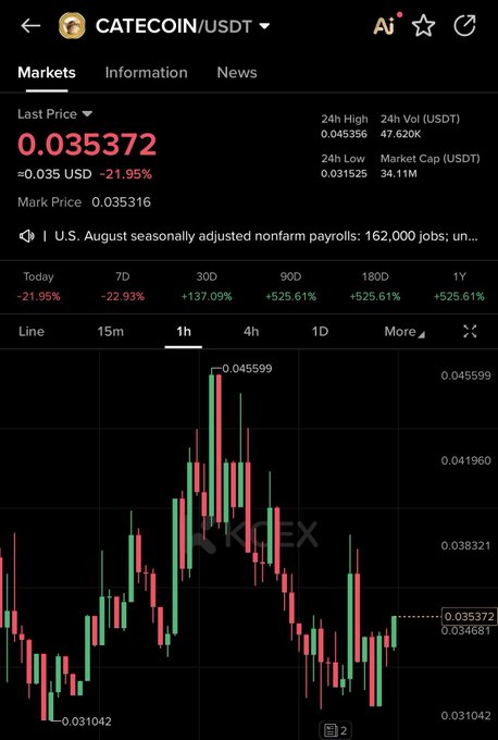 A trading app screen showing CATECOIN/USDT at $0.035372, down 21.95% over 24 hours, with a candlestick price chart on a 1-hour timeframe.