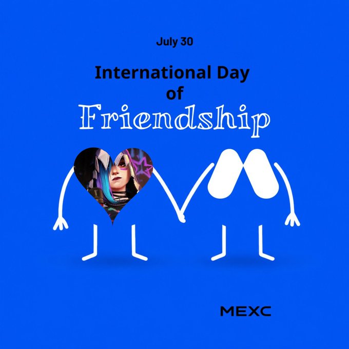 A blue graphic celebrating the "International Day of Friendship" on July 30, featuring two stick figures hugging with the MEXC logo.