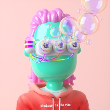In this image, there's a person wearing a red hoodie and glasses with rainbow colors on them while floating above an ocean of bubbles. The bubbles are in various sizes and colors, creating a whimsical scene. In the background of the image, there's text that says "kindness is the vibe", which seems to be connected to the main subject matter of the post. This creates a fun and light-hearted atmosphere, with the bubbles adding a sense of movement and magic to the overall visual experience.