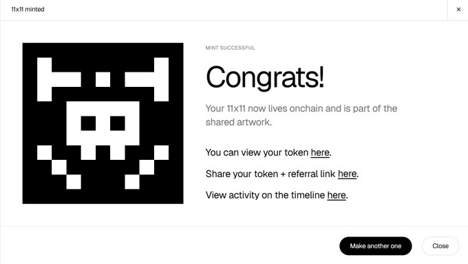 A 'Mint Successful' confirmation screen congratulating the user that their 11x11 pixel art 'now lives onchain', with options to view the token or make another one.