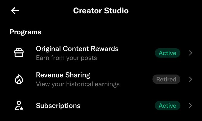 A dark-themed "Creator Studio" menu screen displaying three programs: "Original Content Rewards" (Active), "Revenue Sharing" (Retired), and "Subscriptions" (Active).