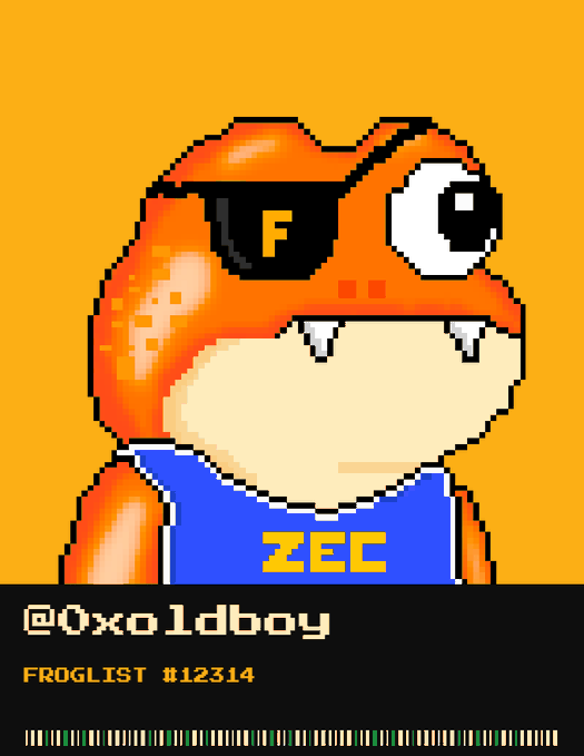 Pixel art of an orange frog character wearing a blue tank top labeled "ZEC" and an eye patch with the letter "F", with the text "@0xoldboy" and "FROGLIST #12314" displayed below.