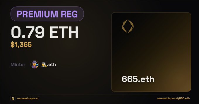 The image shows a black background with white text that reads "Premium Reg 0.79 ETH" at the top of the screen. Below this, there are two numbers written out - 0.79 and 1,365. The numbers represent the value of the cryptocurrency being sold in the auction. The auction took place on March 2nd, 2005, and it was held for 12 months. The text also mentions that the wallet has been lapsed at the end of this period.