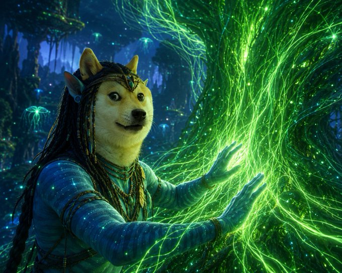 A Shiba Inu dog wearing a mystical headdress channels glowing green energy from a swirling portal in an enchanted forest, symbolizing the power and vitality of the $DOGE network.