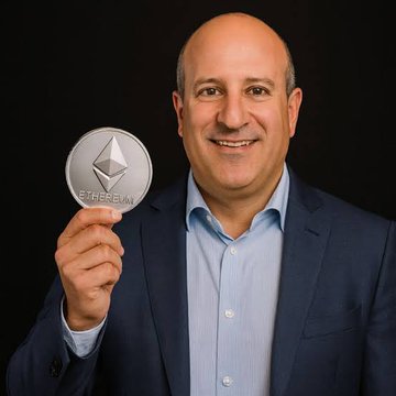 SharpLink CEO Joseph Chalom holds up an Ethereum coin while publicly opposing EIP-8363, a proposal he warns would collapse staking yields and destabilize billions in DeFi collateral.