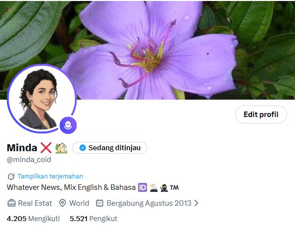 A Twitter profile page for 'Minda ✖️🏡' (@minda_coid) with a purple flower as the banner, showing 4,205 following and 5,521 followers.