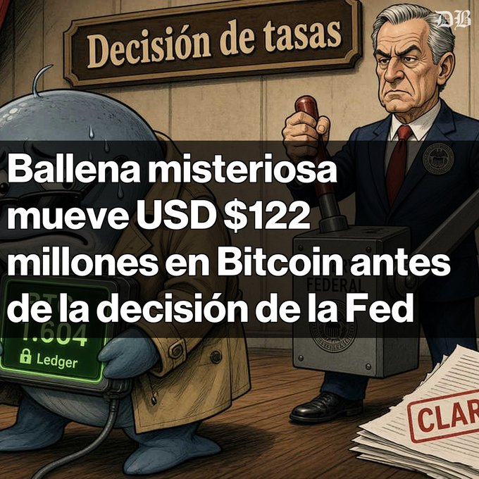 An illustration with the headline 'Ballena misteriosa mueve USD $122 millones en Bitcoin antes de la decisión de la Fed,' depicting a whale with a Bitcoin ledger and a stern figure stamping 'FEDERAL' under a 'Decisión de tasas' sign.