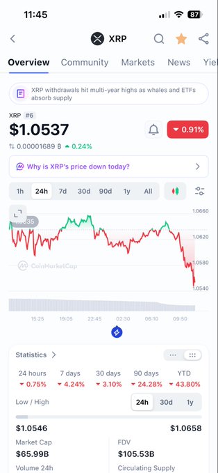 A mobile app screen showing the XRP cryptocurrency price at $1.0537, down 0.91%, with a 24-hour chart and statistics including a 43.80% YTD decline.