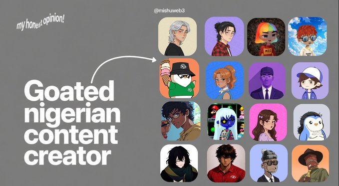 An infographic featuring various cartoon character avatars with the text 'my honest opinion!' and 'Goated nigerian content creator,' crediting @mishuweb3.