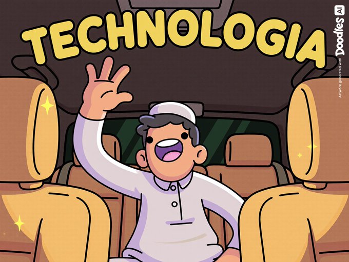 A cartoon illustration of an excited person wearing a white thobe and cap waving from inside a vehicle with tan leather seats, with the word 'TECHNOLOGIA' displayed prominently at the top.