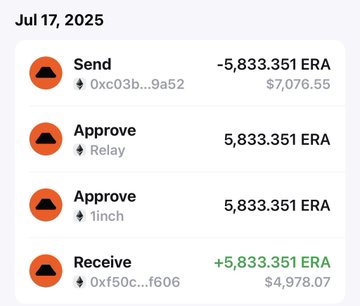 A crypto transaction history from Jul 17, 2025 showing Send, Approve (Relay), Approve (1inch), and Receive actions involving ERA tokens.