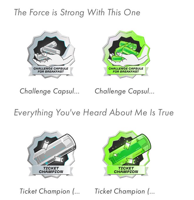 Trophy/achievement icons from a fitness app showing 'Challenge Capsule for Breakfast' and 'Ticket Champion' awards, with themed titles 'The Force is Strong With This One' and 'Everything You've Heard About Me Is True.'