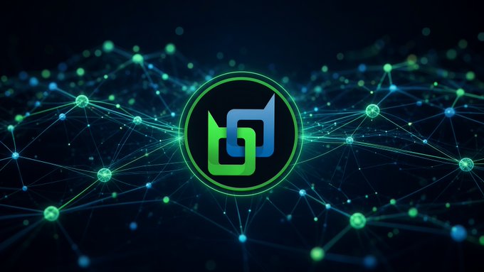 A digital graphic featuring a green circular logo with an interconnected node network design, set against a dark background with glowing green and blue connection lines.
