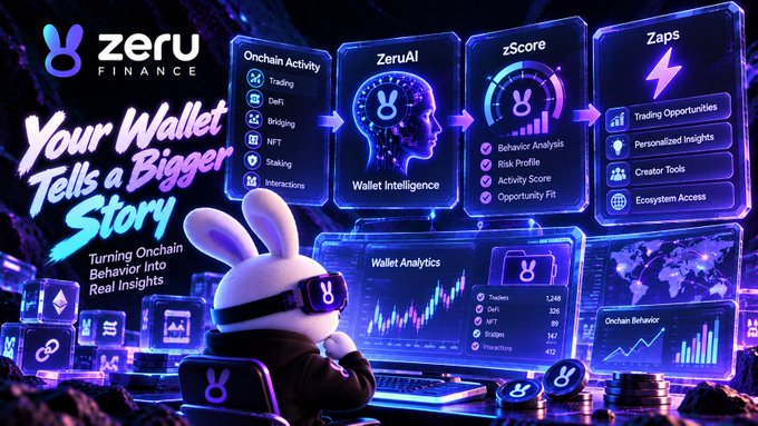 A promotional banner for "Zeru Finance" with the tagline "Your Wallet Tells a Bigger Story," featuring a bunny mascot analyzing wallet analytics, on-chain activity, and ZeruAI insights.