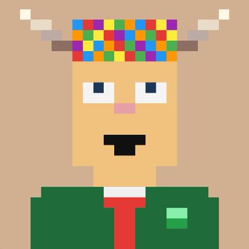 Pixel art character portrait of a tan-colored bull or cow wearing a colorful Rubik's cube-style hat, a green suit with red tie, against a beige background.