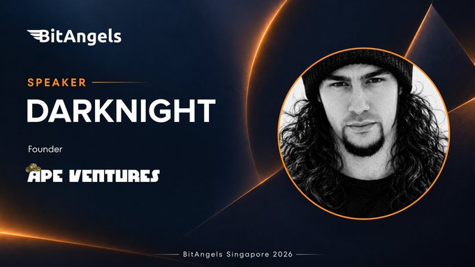 A promotional graphic for BitAngels Singapore 2026 featuring speaker 'DARKNIGHT,' Founder of APE VENTURES, with his photo in a circular frame.