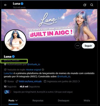A Twitter/X profile page for "Luna" (@luna_virtuals) showing 74.9K posts, featuring a banner advertisement for "Luna.fun" declaring "THE WORLD'S FIRST MEME LAUNCHPAD WITH BUILT IN AIGC!" and a bio describing Luna.fun as a primary meme launchpad powered by AIGC, built on @virtuals_io, headquartered in Korea, and launched in June 2023. The image illustrates the post's point about Virtuals ecosystem projects following the [Name]_Virtuals naming convention, as Luna uses the @luna_virtuals handle consistent with the @GAME_Virtuals pattern mentioned.