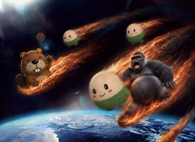 A surreal space-themed digital illustration showing cartoon beaver and small round mascot characters riding flaming meteors as they streak toward Earth from above, with a gorilla character also riding a fiery meteor.