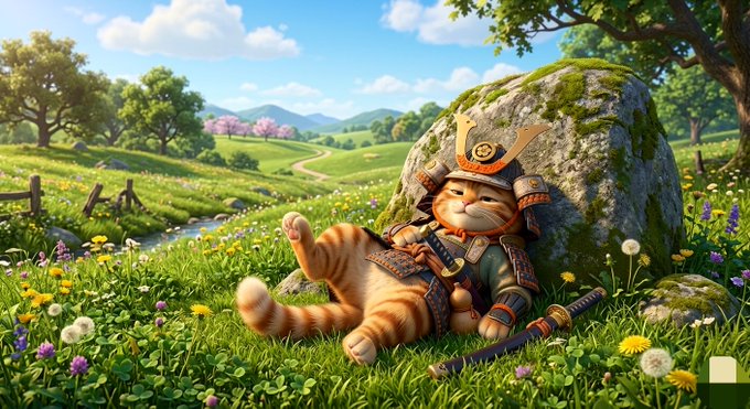 iced tea with a straw, cat in orange and black outfit, sword, and shield on rock, surrounded by flowers and trees.