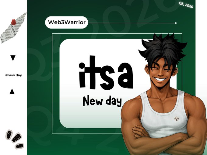 An illustrated Web3Warrior character with crossed arms smiles confidently beside an "itsa New day" speech bubble, set against a green Q3 2026 themed background, capturing the optimistic and welcoming spirit of the "Gm guys, soooo many blessings on the way in September" message.