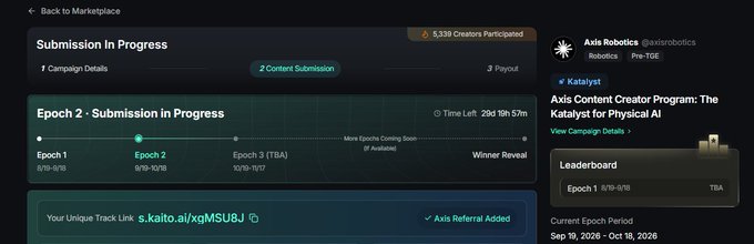 A screenshot of the Katalyst platform showing "Submission In Progress" for the Axis Content Creator Program: The Katalyst for Physical AI, with Epoch 2 in progress and 5,339 Creators Participated.