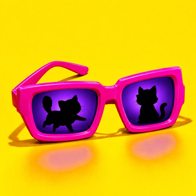 The image features a pair of pink glasses with purple cat images on them, placed on a yellow background. There are two cats visible in the glasses - one black and one white. The caption "there will be dual signs..." suggests that there might be more information or details about these glasses beyond what is immediately apparent from the image.