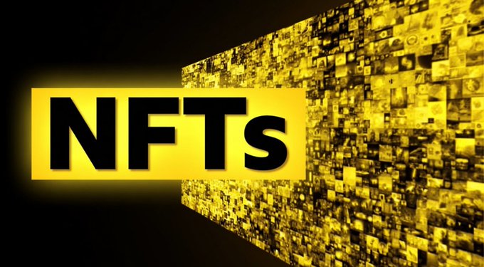 Bold black "NFTs" text on a yellow background appears alongside a wall of digital art tiles, visually announcing Awarizon's upcoming launch of an NFT marketplace for creating, launching, minting, and exploring digital collectibles.