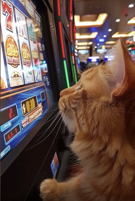 A fluffy orange cat stands on its hind legs and intently watches a brightly lit slot machine with numbers like '6020' displayed on its screen.