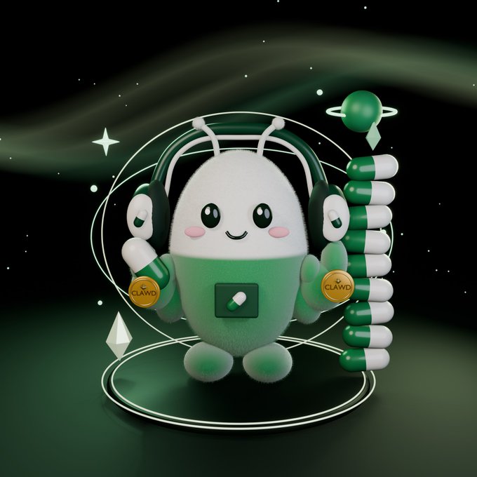 A 3D illustration of a cute green and white pill-shaped character with headphones and a 'CLAWD' coin, set against a dark green background with floating capsules.