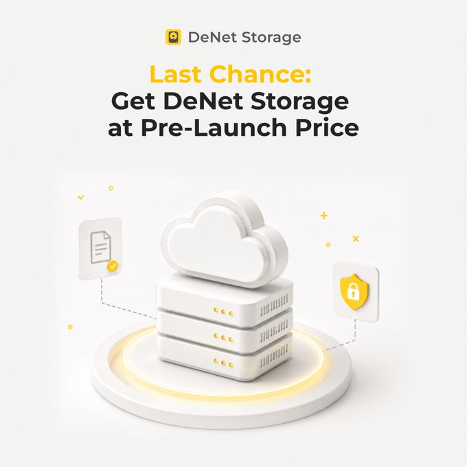 A promotional graphic featuring 3D-rendered cloud and server icons alongside the text "DeNet Storage — Last Chance: Get DeNet Storage at Pre-Launch Price," visually reinforcing the post's call-to-action to secure discounted storage before the platform's July 2026 public launch.