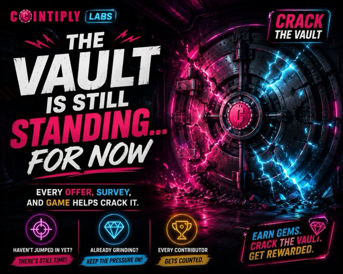 A promotional banner from Cointiply Labs titled "Crack the Vault" features a dramatic cracked vault door with neon pink and blue lighting, alongside the text "THE VAULT IS STILL STANDING... FOR NOW" and icons encouraging users to complete offers, surveys, and games to earn Gems and crack the vault.