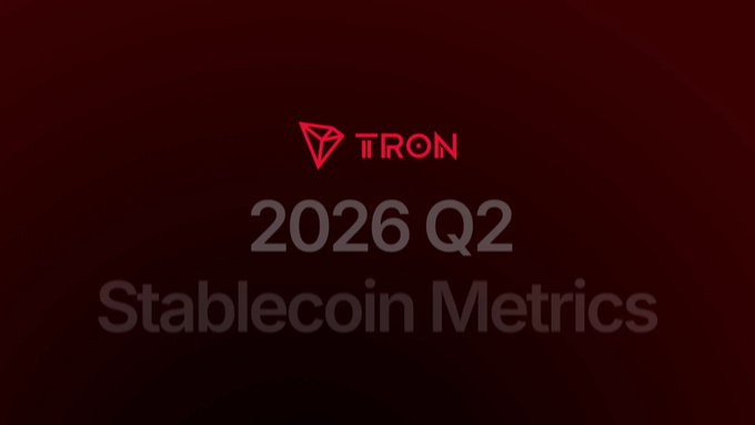 A dark red presentation slide with the 'TRON' logo and the text '2026 Q2 Stablecoin Metrics'.