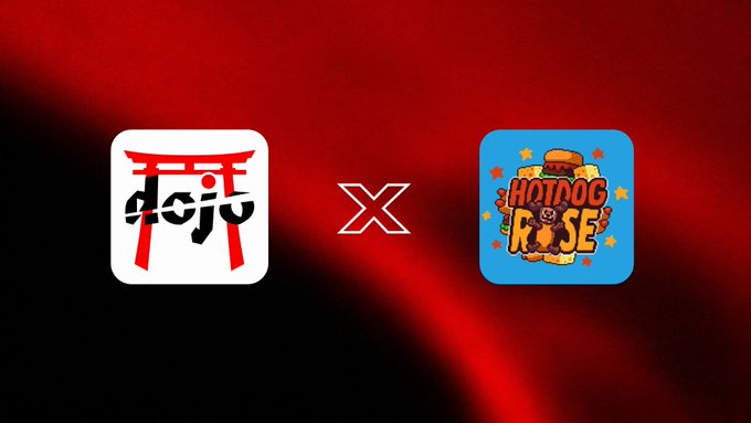 A collaboration graphic between two apps featuring a red torii gate logo with Japanese text 'よろしく' and a 'Hotdog Rose' game logo on a red background.