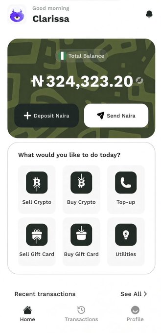 Image 8: Mobile app dashboard greeting 'Good morning Clarissa' showing a total balance of ₦324,323.20, with options to 'Deposit Naira' or 'Send Naira', and service tiles for crypto and gift cards.