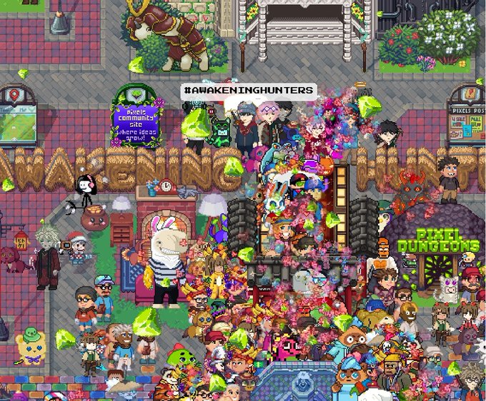 A crowded screenshot from a pixel-art game showing many players gathered around a 'Pixel Dungeons' area, with the username 'IIAWAKENINGHUNTERS' visible.