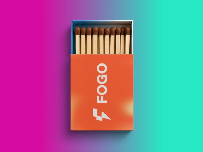 An open orange matchbox labeled "FOGO" with a lightning bolt logo displays a row of wooden matches with brown tips, set against a vibrant gradient background of pink, purple, and teal.