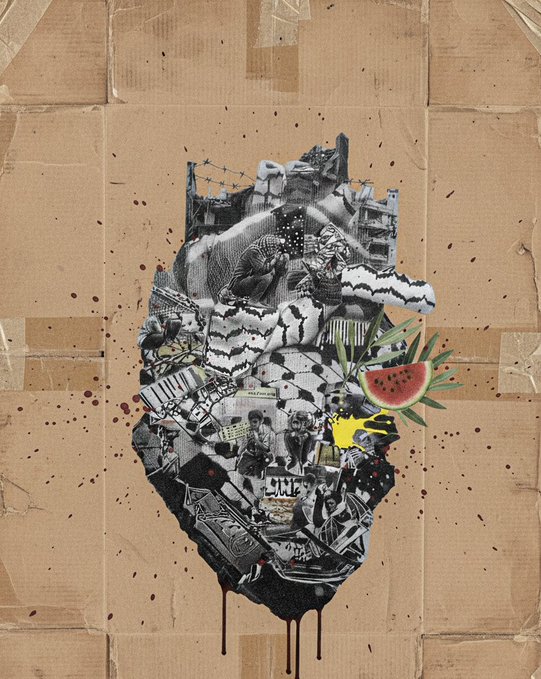 Mixed-media collage artwork on cardboard depicting a chaotic scene with figures, urban imagery, a watermelon slice, and dripping paint effects.