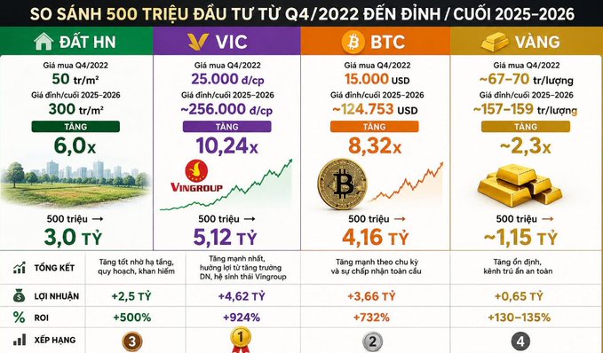 A Vietnamese investment comparison chart titled 'SO SÁNH 500 TRIỆU ĐU TƯ TỪ Q4/2022 ĐẾN ĐỈNH/CUỐI 2025-2026' comparing returns on 500 million VND invested in Hanoi real estate (ĐT HN), VIC/Vingroup stock, BTC (Bitcoin), and gold (VÀNG), with VIC ranking #1 at +924% ROI.