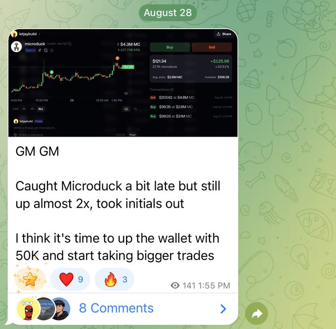 A screenshot dated August 28 shows a crypto trading post celebrating a near 2x gain on Microduck ($121.34, up +63.51%), with the user noting they caught the trade late, exited their initial position, and is now planning to scale up their wallet to $50K for larger trades, aligning with the caption's boast about 2x gains.