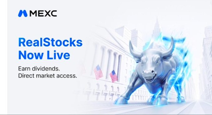 A promotional banner for MEXC displaying 'RealStocks Now Live' with the tagline 'Earn dividends. Direct market access.', featuring a Charging Bull statue in front of a financial building.