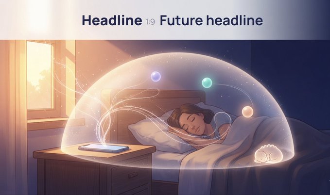 An AI-generated illustration titled 'Headline 1:9 Future headline' depicting a person sleeping peacefully under a glowing protective dome while a smartphone rests on a nightstand.