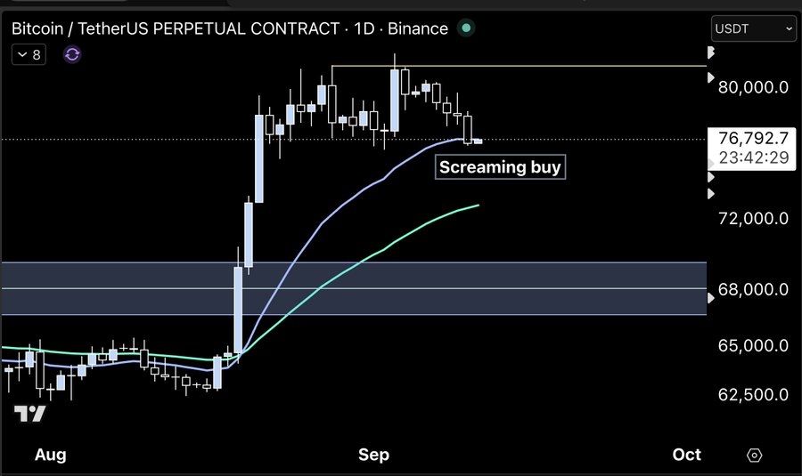 A Bitcoin/TetherUS Perpetual Contract daily chart on Binance shows a current price of $76,792.7, with an annotation labeled "Screaming buy" pointing to a recent dip.