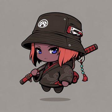 A chibi-style digital illustration of a small character with red hair wearing a black bucket hat and dark ninja-like clothing, holding a sword and prayer beads.