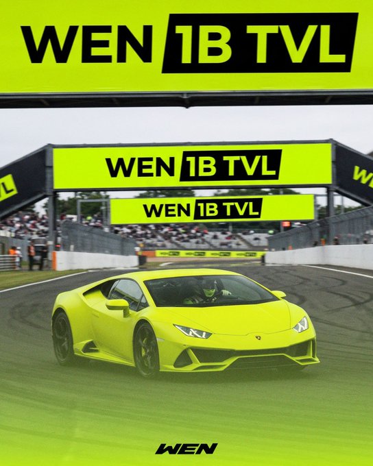 A bright yellow sports car races down a track beneath banners reading "WEN 1B TVL," tying into the "Wen Lambo for everyone" theme by celebrating the 1 billion total value locked milestone.
