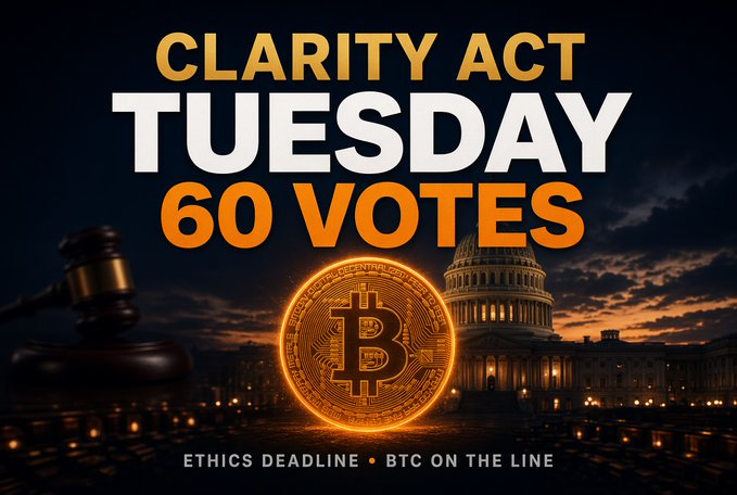 A promotional graphic titled "CLARITY ACT TUESDAY 60 VOTES" with the tagline "ETHICS DEADLINE • BTC ON THE LINE," featuring a golden Bitcoin in front of the U.S. Capitol building and a judge's gavel.