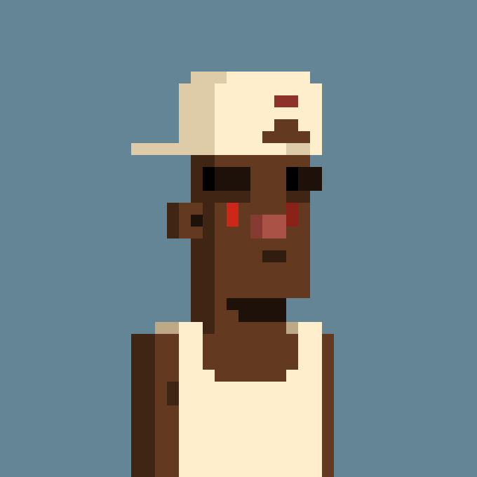 A pixel art illustration of a dark-skinned character wearing a beige cap and tank top against a solid blue background.