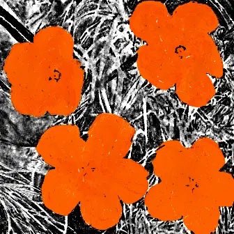 An Andy Warhol-style artwork featuring four orange flowers against a black and white background.
