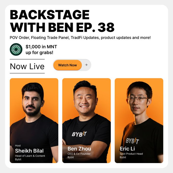 The image shows a group of three men wearing black t-shirts against an orange background. The text in the image highlights that there is a panel discussion about "Backstage With Ben Ep. 38" happening today, which could be related to cryptocurrency or related products and services in general. The post seems to be promoting some updates or announcements made by Ben, a person who was involved with cryptocurrency, and is likely trying to grab people's attention by providing exclusive insights into the event.