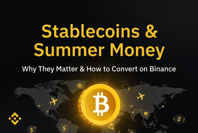 A promotional graphic featuring the headline "Stablecoins & Summer Money: Why They Matter & How to Convert on Binance" against a dark background with a world map, a glowing Bitcoin coin, and small dollar sign icons, visually reinforcing the post's theme of global crypto-to-fiat conversions for travel, remittances, and freelance payments using stablecoins like USDT and USDC.