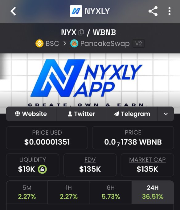 A cryptocurrency tracking app showing the "NYXLY" token (NYX/WBNB) on PancakeSwap with a price of $0.00001351, 36.51% increase in 24 hours, and a $135K market cap.
